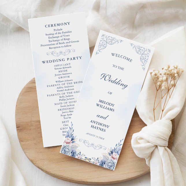 Dusty Blue Floral Wedding Program Fan (Von Creator hochgeladen)