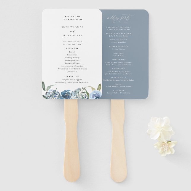 Dusty Blue Floral Wedding Program Hand Fan Fächer (Vorne und Hinten)