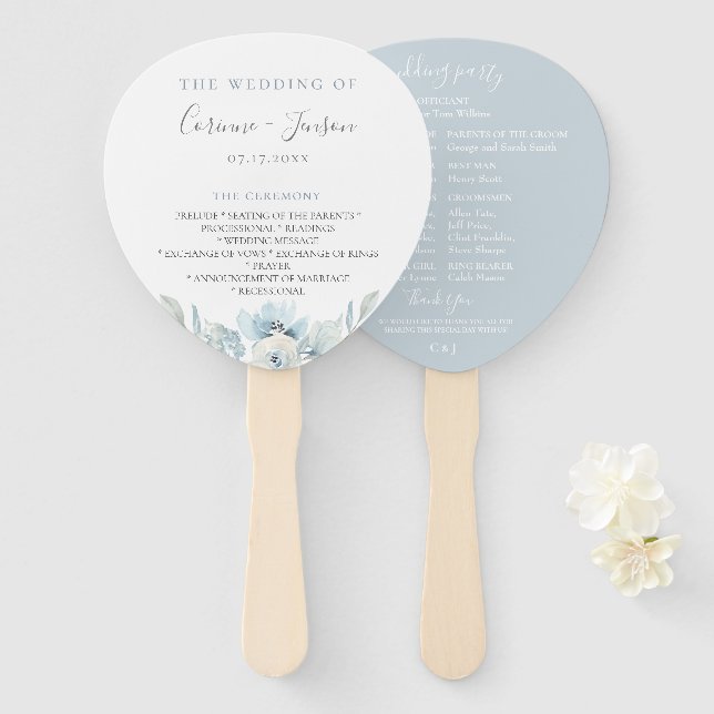 Dusty Blue Floral Wedding Program Hand Fans Fächer (Vorne und Hinten)
