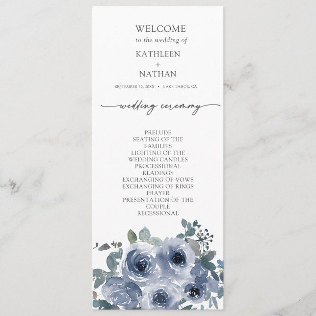  Dusty Blue Floral Wedding Program Menükarte (Vorderseite)
