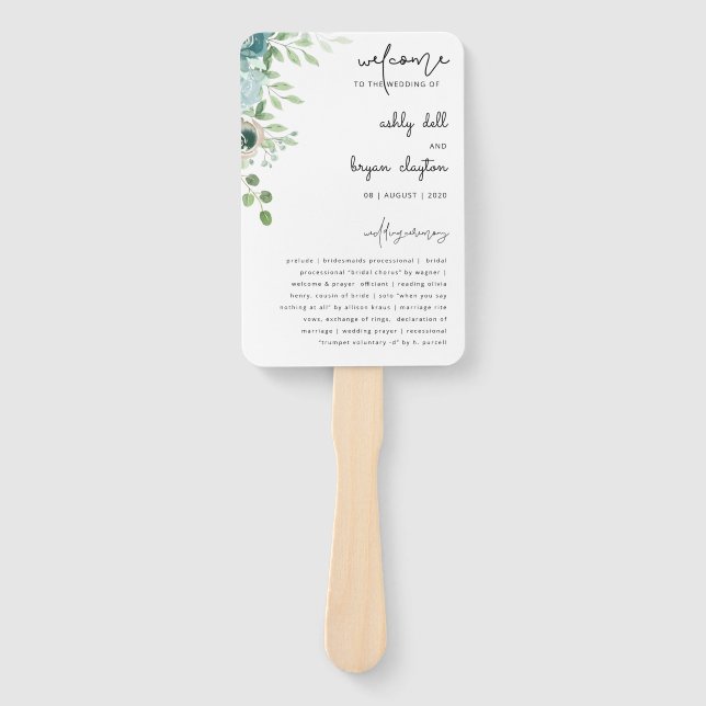 Dusty Blue Floral Wedding Program Set of Fans Fächer (Vorderseite)