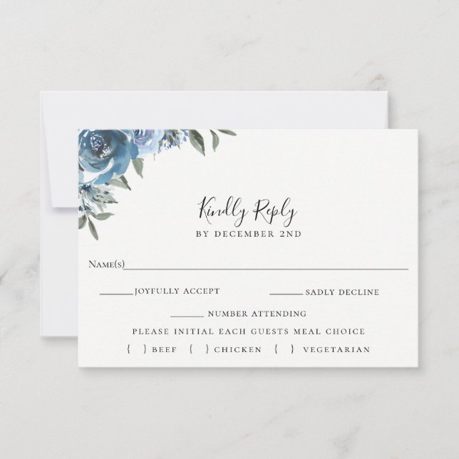 Dusty Blue Floral Wedding RSVP Meal Choice Card (Vorderseite)