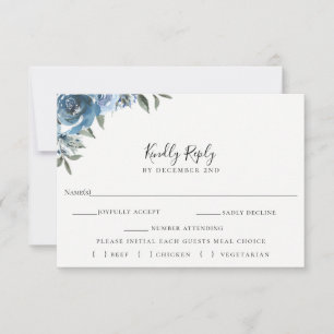 Dusty Blue Floral Wedding RSVP Meal Choice Card Karte