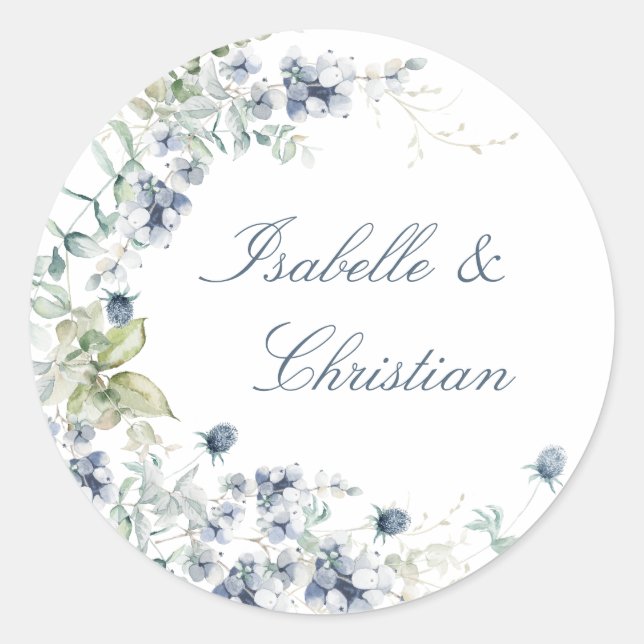 Dusty Blue Floral Wedding Runder Aufkleber (Vorderseite)