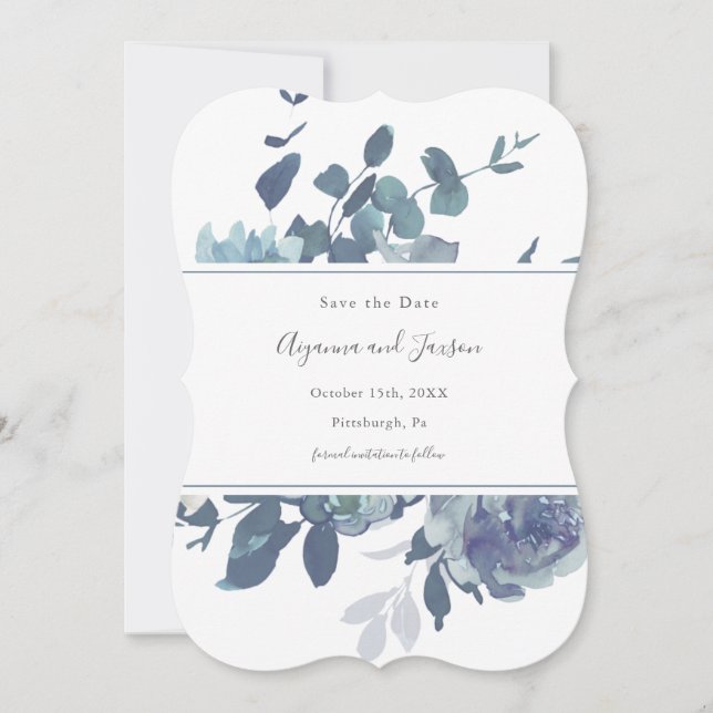 Dusty Blue Floral Wedding Save The Date (Vorderseite)