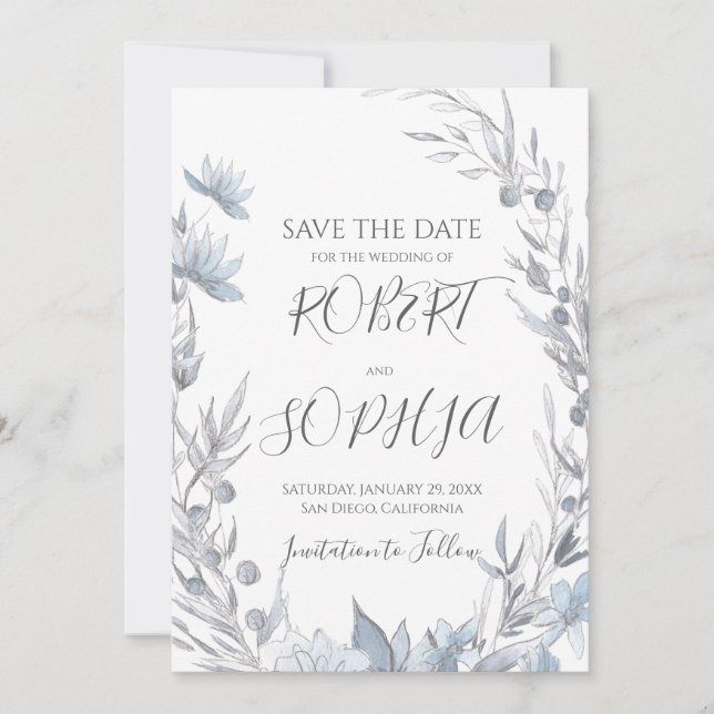 Dusty Blue Floral Wedding Save The Date (Vorderseite)