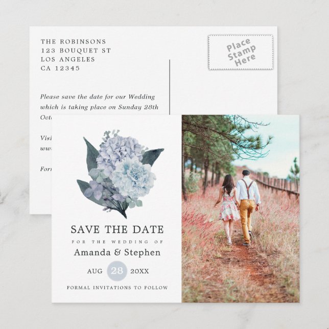 Dusty Blue Floral Wedding Save the Date Postcard Postkarte (Vorne/Hinten)