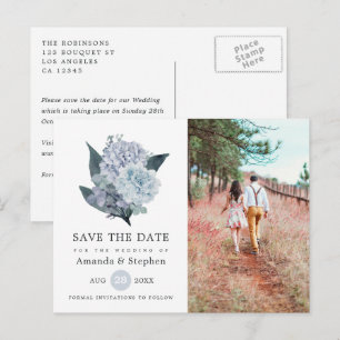Dusty Blue Floral Wedding Save the Date Postcard Postkarte