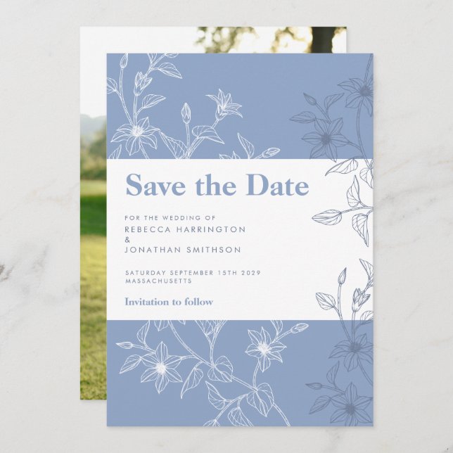 Dusty Blue Floral Wedding speichert die Date Foto  Einladung (Vorne/Hinten)