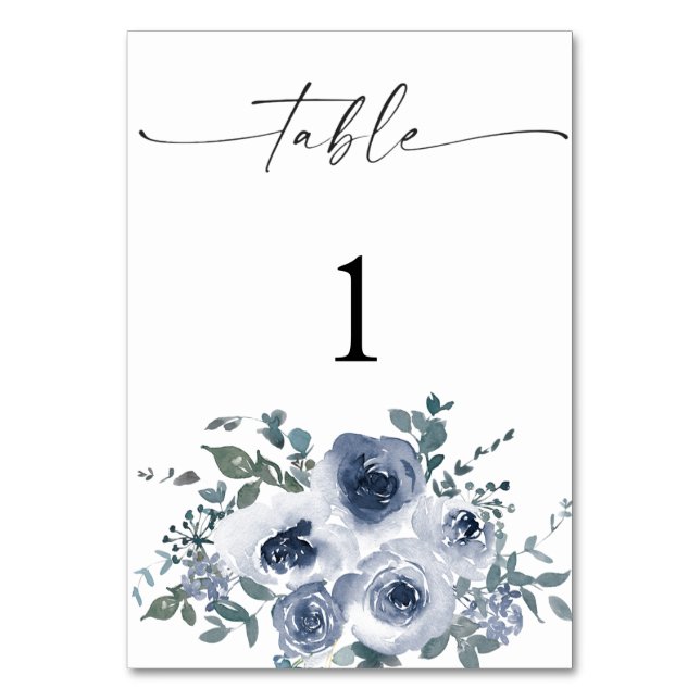 Dusty Blue Floral Wedding Table Numbers Tischnummer (Vorderseite)