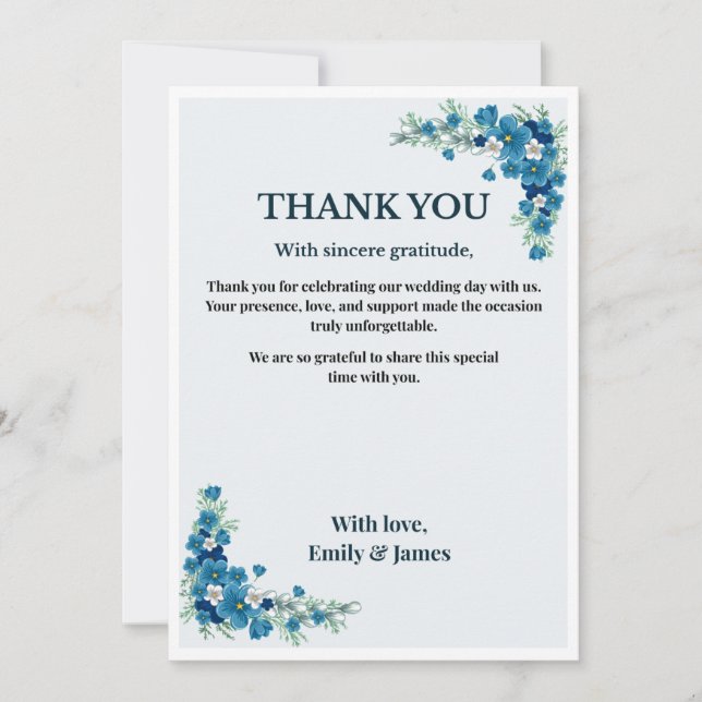 Dusty Blue Floral Wedding Thank You Card Einladung (Vorderseite)