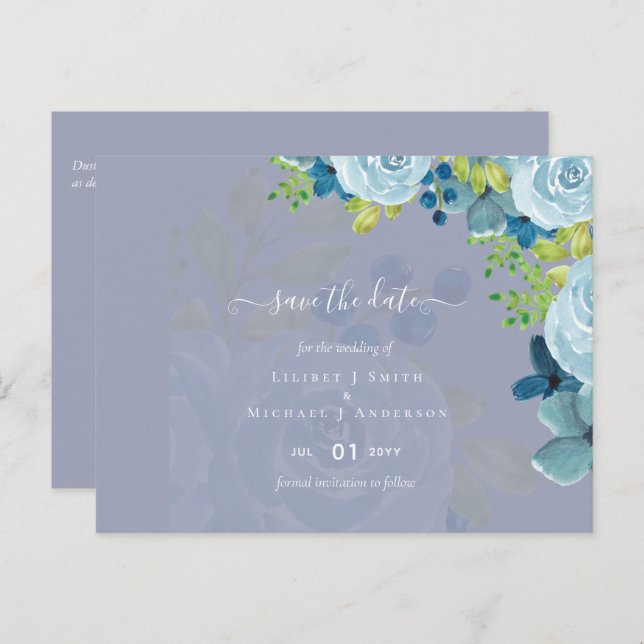 Dusty Blue Floral Wedding Trending Budget Postkarte (Vorne/Hinten)