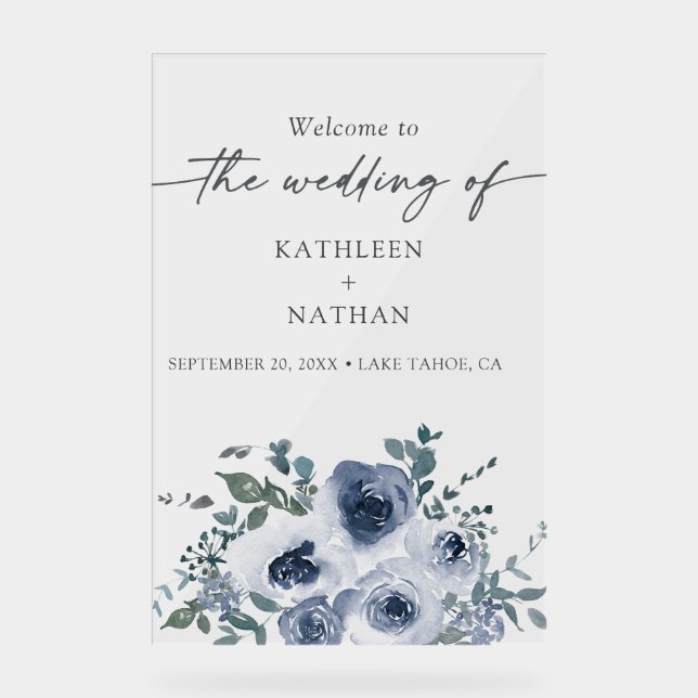 Dusty Blue Floral Wedding Welcome  Acrylschild (Vorderseite)