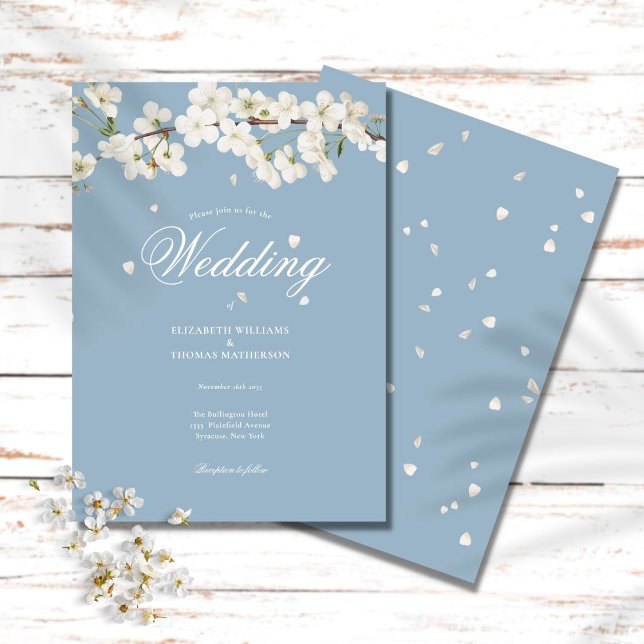 Dusty Blue Floral Wedding White Blossom Einladung (Von Creator hochgeladen)