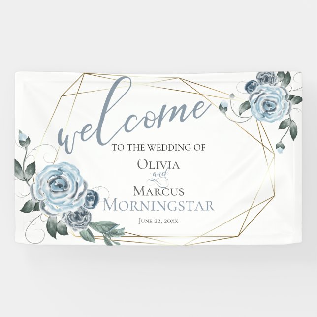 Dusty Blue Floral Wedding Willkommen Banner (Horizontal)