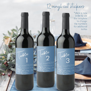 Dusty Blue Floral Wedding Wine Label Tischnummern