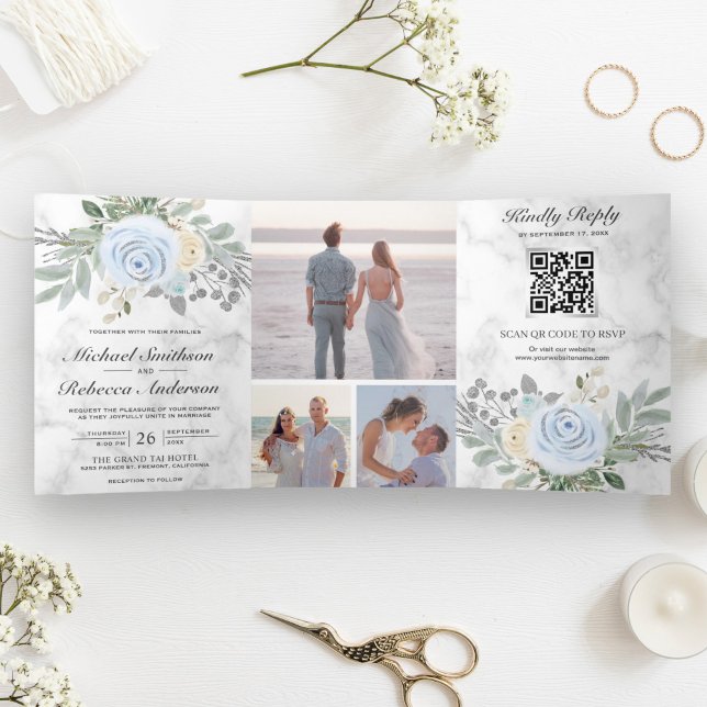 Dusty Blue Floral White Marble QR Code Wedding Dreifach Gefaltete Einladung (Von Creator hochgeladen)