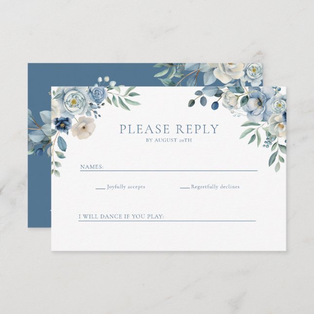 Dusty Blue Floral Wildblume Wedding RSVP Postcard Dankeskarte (Vorne/Hinten)