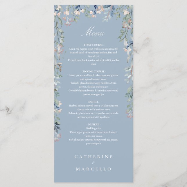 Dusty Blue Floral Wildblumen Hochzeitsessen Menükarte (Vorderseite)