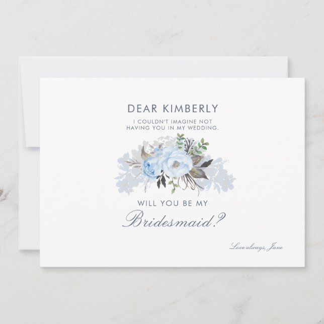 Dusty Blue Floral wirst du meine Bridesmaid sein Einladung (Vorderseite)