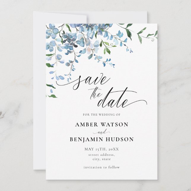 Dusty Blue Floral Wisteria Wedding Save the Date Einladung (Vorderseite)