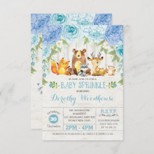 Dusty Blue Floral Woodland Animals Boy Baby Dusche Einladung