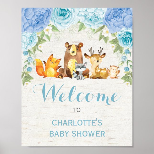 Dusty Blue Floral Woodland Forest Animals Baby Boy Poster (Vorne)
