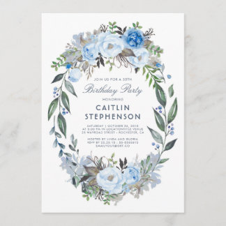 Dusty Blue Floral Wreath Elegante Geburtstagsparty Einladung