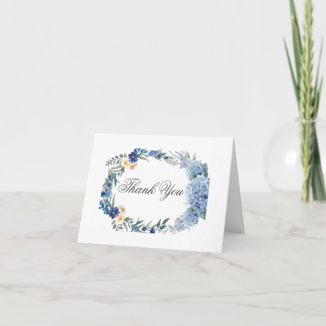 Dusty Blue Floral Wreath Greenerity Wedding Dankeskarte (Vorderseite)