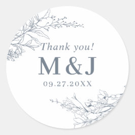 Dusty Blue Floral Wreath Monogram Vielen Dank Runder Aufkleber