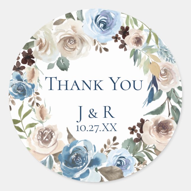 Dusty Blue Floral Wreath Personalisiert Gefallen Runder Aufkleber (Vorderseite)