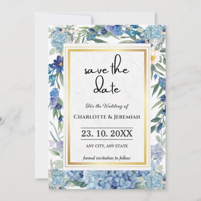 Dusty Blue Floral Wreath Save The Date (Vorderseite)
