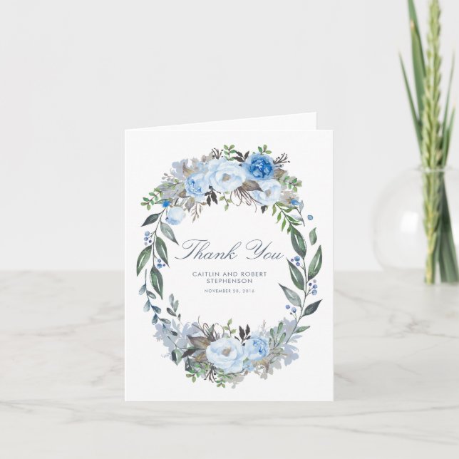 Dusty Blue Floral Wreath Wedding Vielen Dank Dankeskarte (Vorderseite)