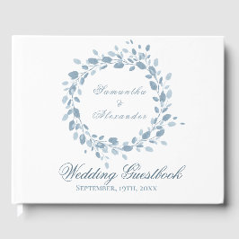 Dusty Blue Floral Wreath White Wedding Gästebuch