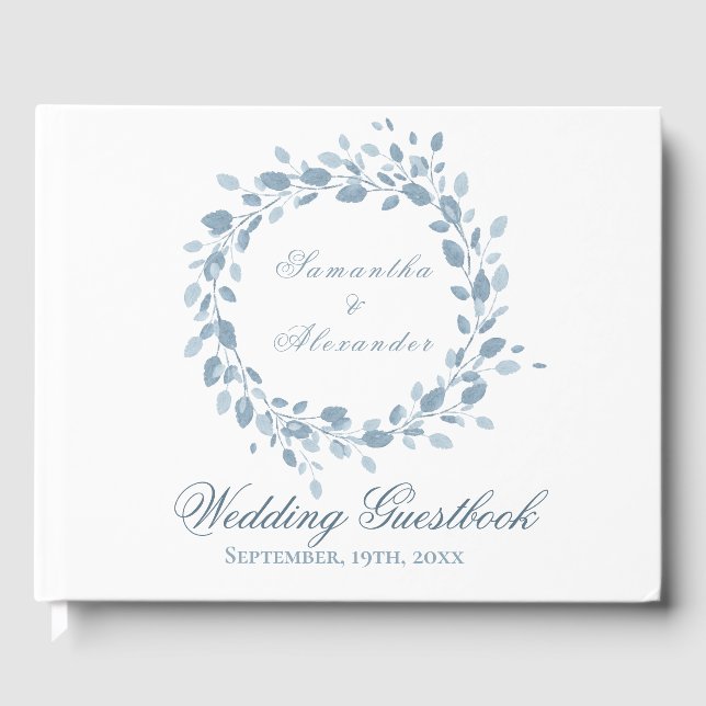Dusty Blue Floral Wreath White Wedding Gästebuch (Vorderseite)