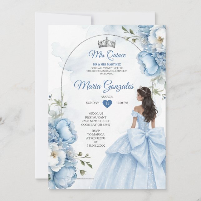 Dusty Blue Floral XV Birthday Invite with Crown Einladung (Vorderseite)