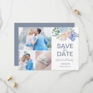 Dusty Blue Florals 3 Foto Collage Save The Date