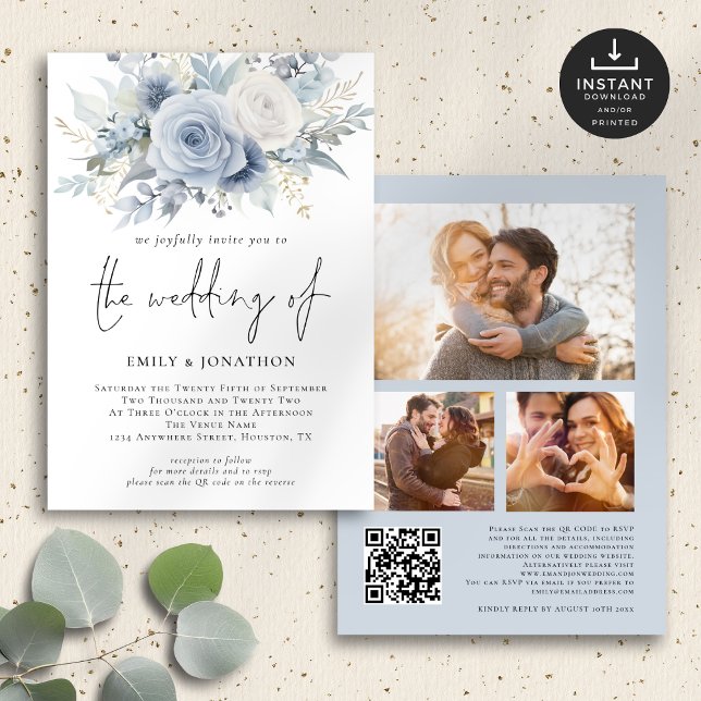 Dusty Blue Florals 3 Fotos QR Code Wedding Einladung (Front and Back View)
