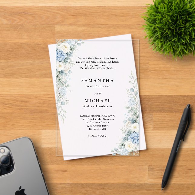 Dusty Blue Florals Both Parents Names Wedding Acryleinladungen (Insitu (Einladungskarte))