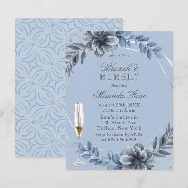 Dusty Blue Florals Brunch & Bubbly Einladung (Vorne/Hinten)