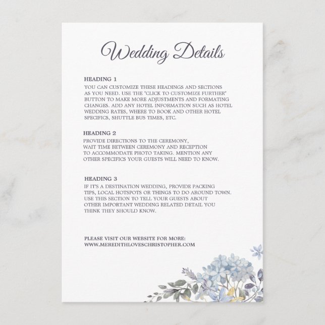 Dusty Blue Florals Combo Menü Hochzeitdetails (Vorderseite)
