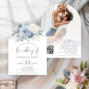 Dusty Blue Florals Foto QR Code Arch Wedding Einladung