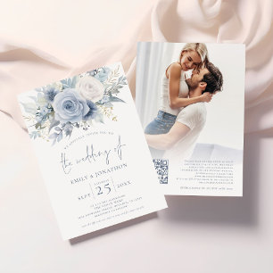 Dusty Blue Florals Foto QR Code Blue Text Wedding Einladung