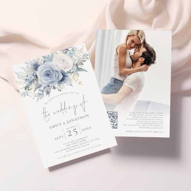 Dusty Blue Florals Foto QR Code Blue Text Wedding Einladung (Front and back view)