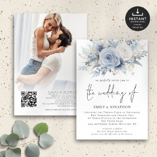 Dusty Blue Florals Foto QR Code Wedding Einladung