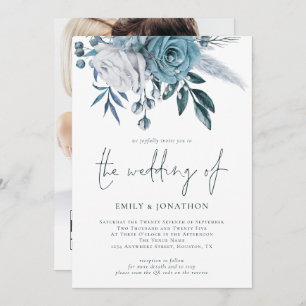 Dusty Blue Florals Foto QR Code Wedding Einladung