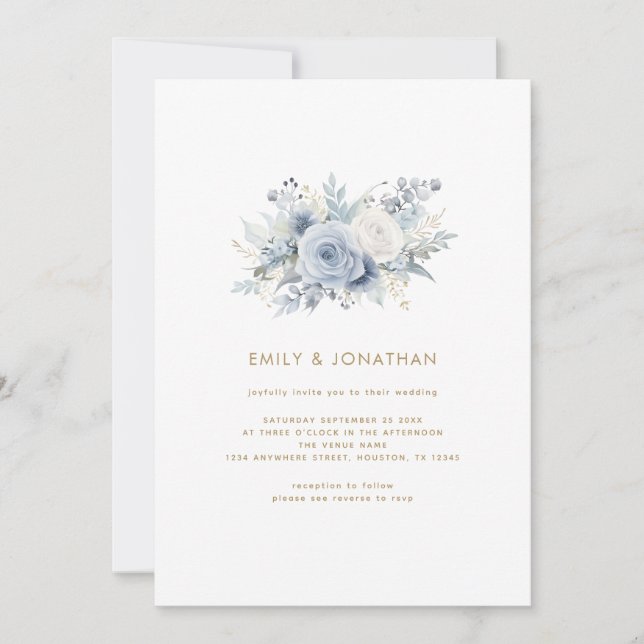 Dusty Blue Florals Gold Script QR Code Wedding Einladung (Vorderseite)