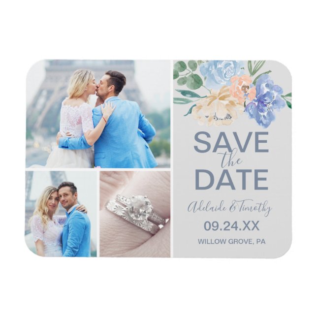 Dusty Blue Florals | Graues 3 Foto Save the Date Magnet (Horizontal)