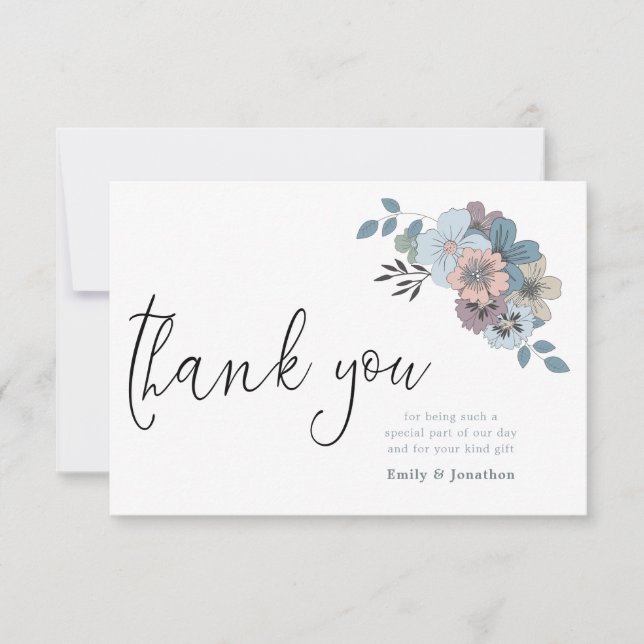 Dusty Blue Florals Illustration Script Foto Dankeskarte (Vorderseite)