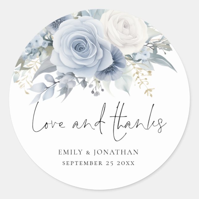 Dusty Blue Florals Liebe Danke Wedding Runder Aufkleber (Vorderseite)